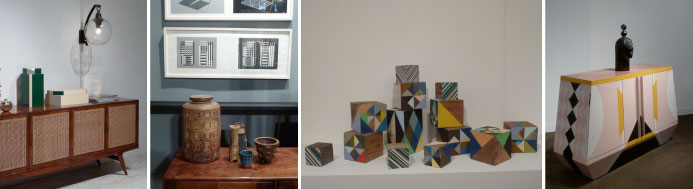 Ensemble Céramiques modernistes, galerie Mark McDonald ; boites colorées chez R20th Century ; meuble signé Dokter and Misses chez Southern Guild