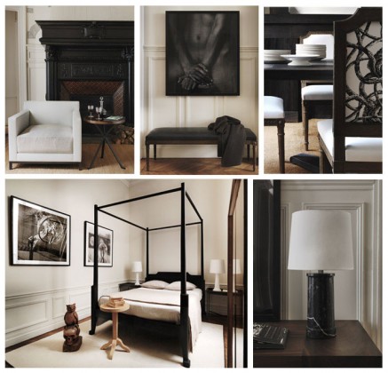 De gauche à droite et de haut en bas: Photos 1, 2 , 3 , 4 et 5: Oxymores - © Gilles & Boissier / 1: chaise club et table, 2: banc et tapis, 3: détail de chaise de salle à manger, 4: chambre en grand et 5: lampe en marbre blanc.
