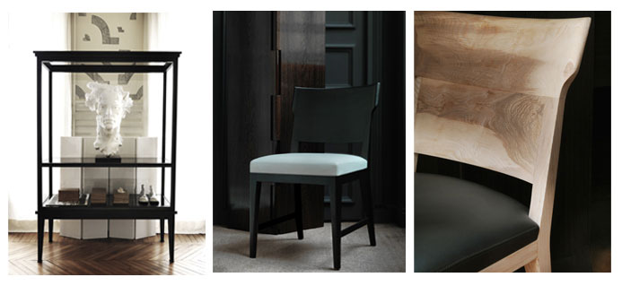 De gauche à droite: Photos 1, 2 et 3: Oxymores - © Gilles & Boissier / 1: vitrine, 2: chaise noir, et 3: détail de chaise en bois