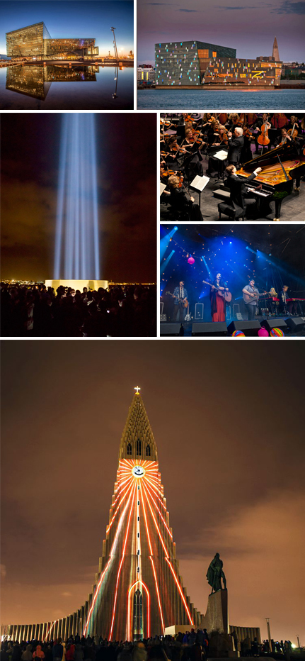 Des festivals de musique sont organisés tout au long de l'année en Islande. Photos © Office de tourisme d'Islande Photo 3: Imagine Peace Tower Photo 5: Of Monsters and Men, Tonleikar