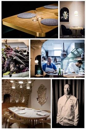 De haut en bas et de gauche à droite: Photos 1,2 et 5: Intérieur du restaurant © Benoist Linero et © Klunderbie, 3: Plat et Cuisines © Benoist Linero, 6: Portrait du chef Antonin Bonnet © Benoist Linero