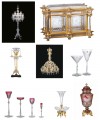 From left to right and top to bottom: Photo 1: Candelabra & De La Tsarine& from1867, 2 : Liquor cellar from1878, 3: Pompeian Lamp Torchere from 1909, 4: Chandelier Grand Marly from 1891, 5: Elbeuf Service for the Maharaja of Baroda from 1920, 6: Service Tsar from 1909, 7: & Muet & Servant from 1902 and 8: Vase Simon Allegory of Earth from 1867