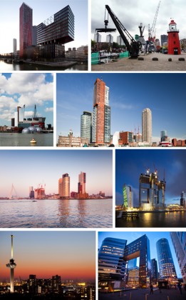 De haut en bas et de gauche à droite: Vue et skyline du port de Rotterdam Photo 1 © Ossip van Duivenbode, 2, 4, 5 6, 7 © Ludovic Bischoff , 3 © Marc Heeman et 8 © Claire Droppert